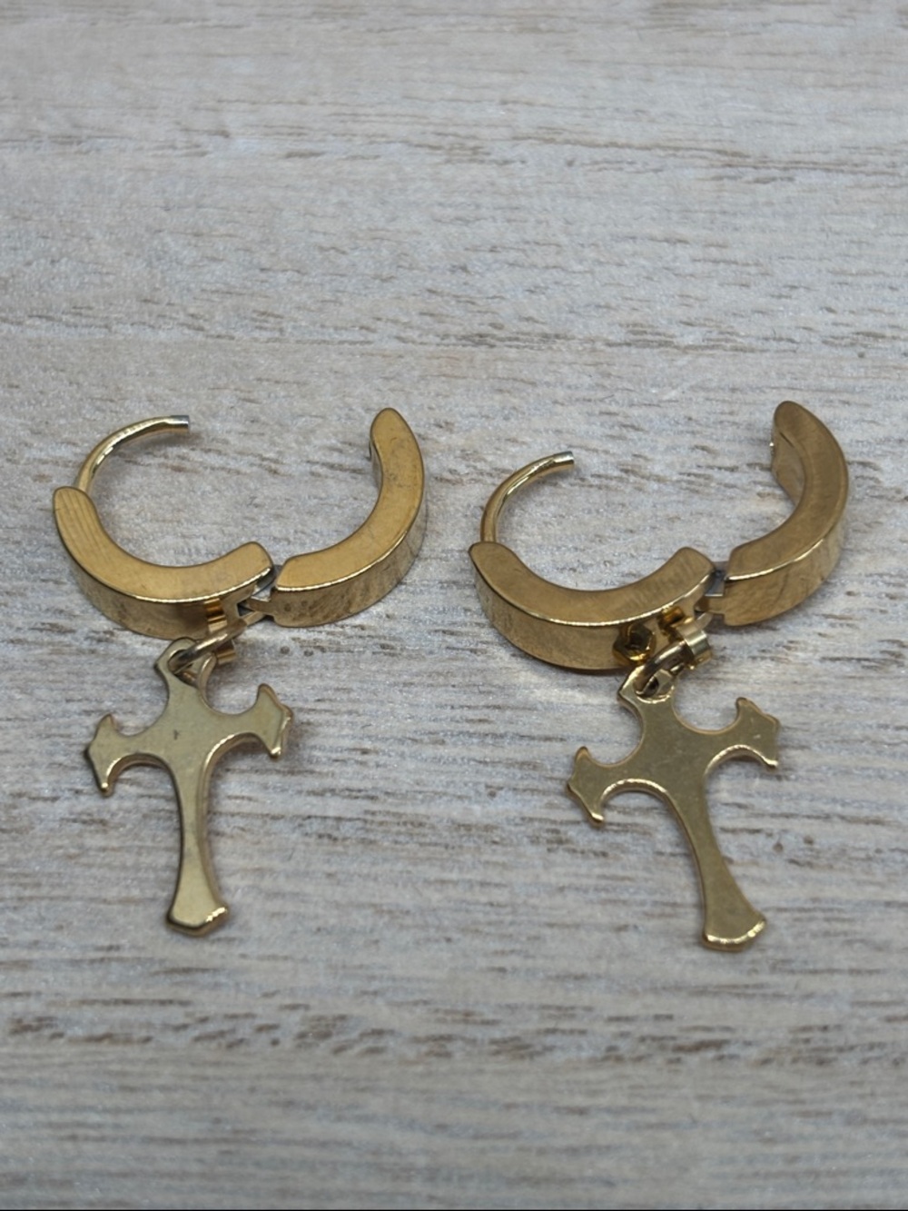 Gold Cross Huggie Hoop Earrings - Dangle Cross Charms